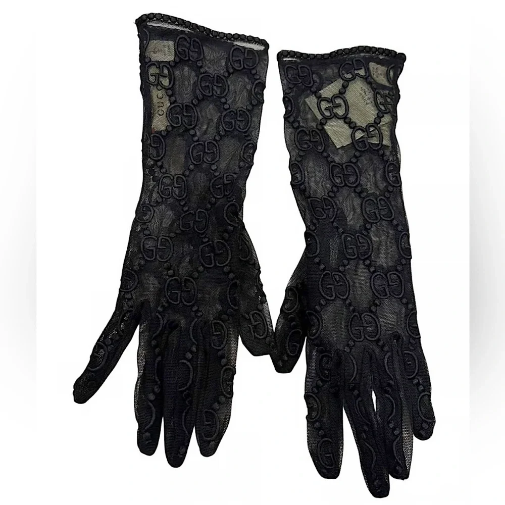 Gucci | Accessories | Gucci Gg Logo Embroidered Black Tulle Gloves